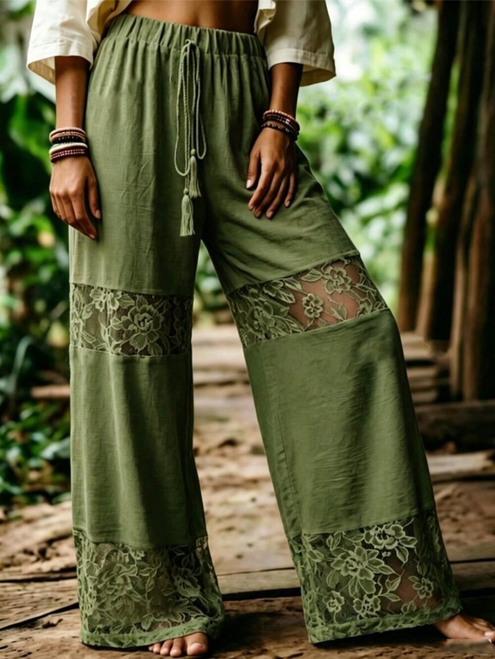Army Green Boho Women's High Waisted Contrast Lace Plants Straight Leg Pants